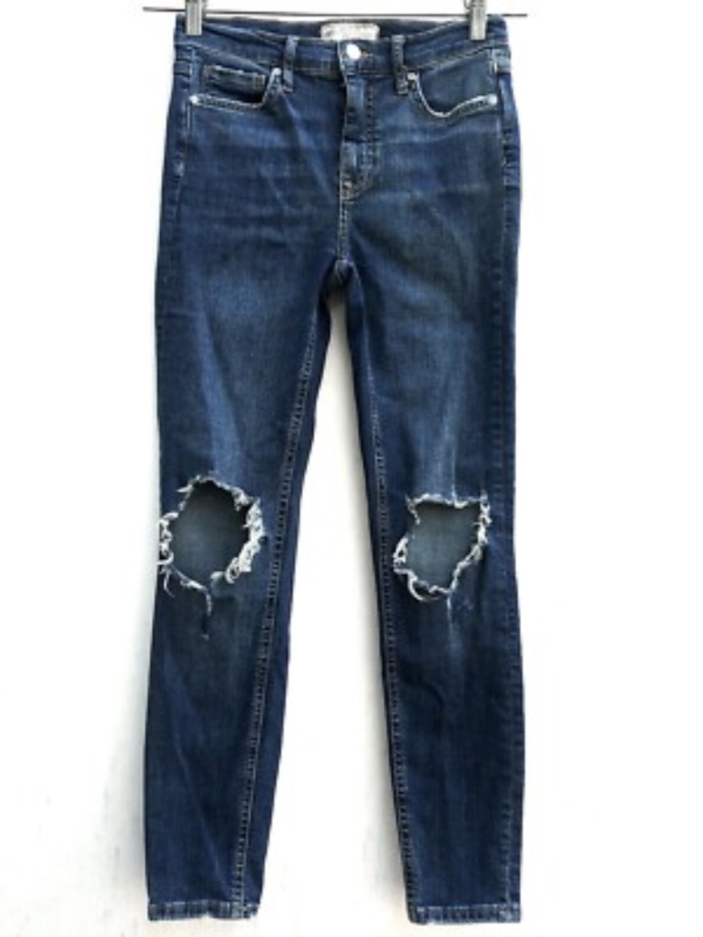 Free People High Rise Distressed Skinny Jeans Size 28 Dark Wash Raw Knee Holes